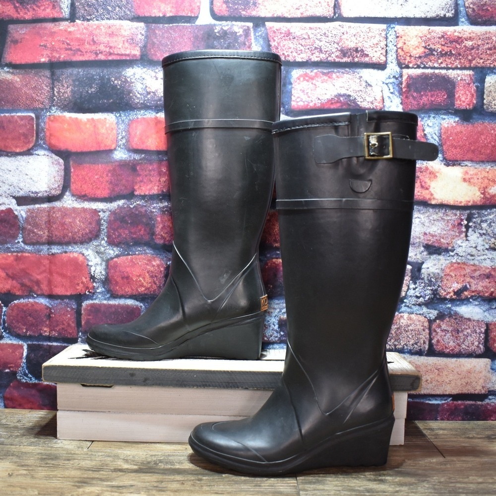 Kors Michael Kors Womens Black Rubber Wedge Rain Boots Size 7 Orange Lining